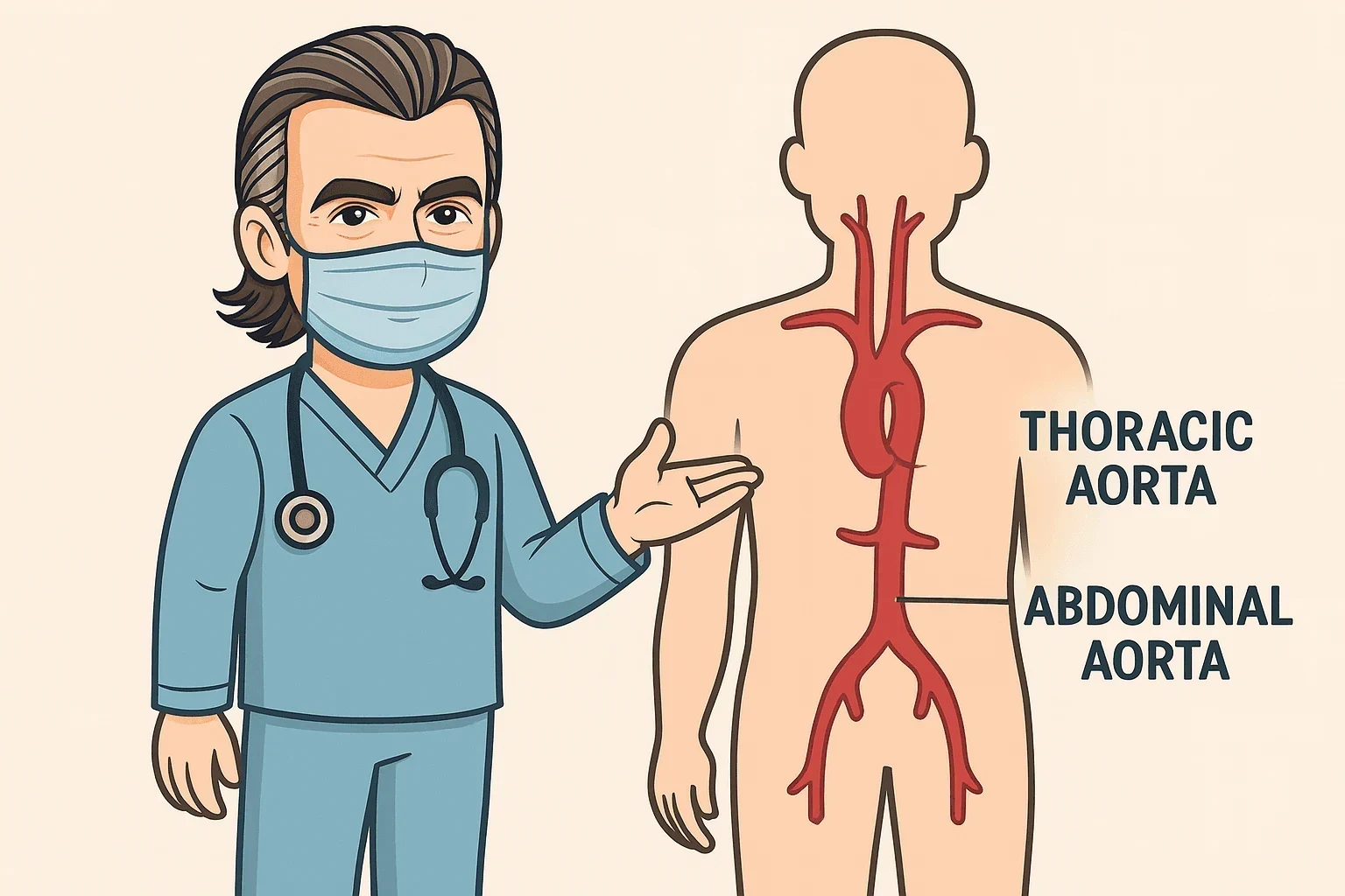 Doctor pointing to the thoracic and abdominal aorta on a human body — anatomical illustration of the aorta