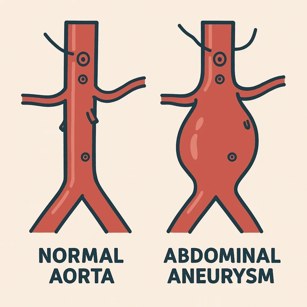 Comparison of a normal aorta with an abdominal aortic aneurysm — medical anatomical illustration