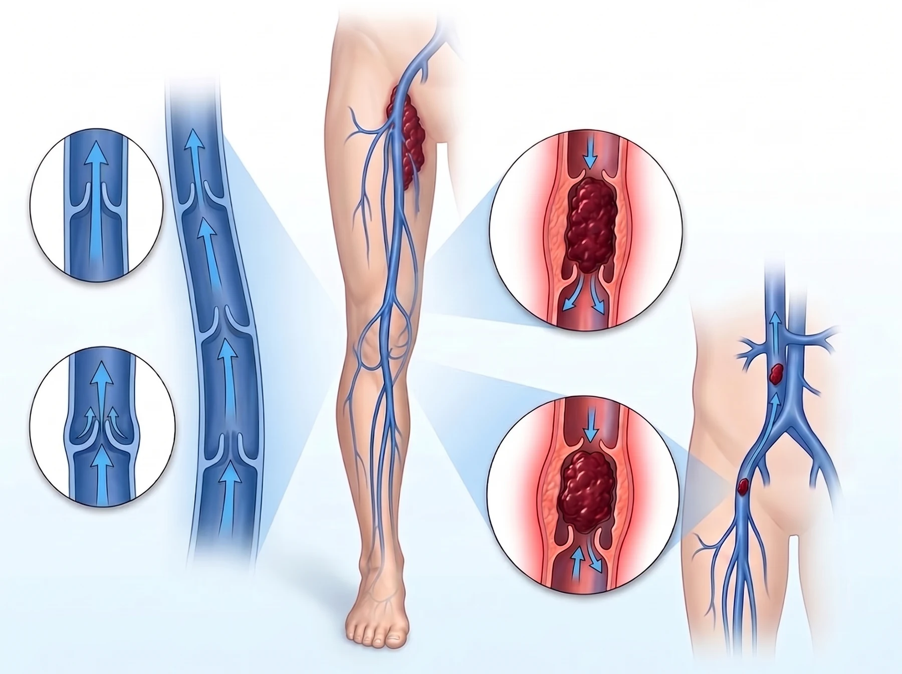 Illustration of deep vein thrombosis in the leg: a blood clot blocking the vein, venous valves and blood flow