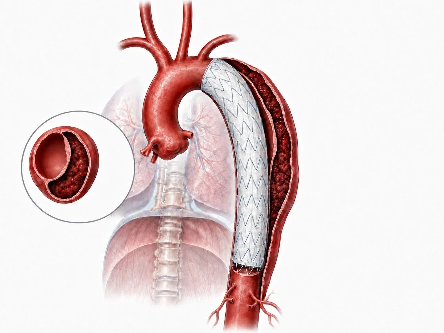 Ενδαγγειακή αποκατάσταση EVAR — stent graft μέσα στην αορτή
