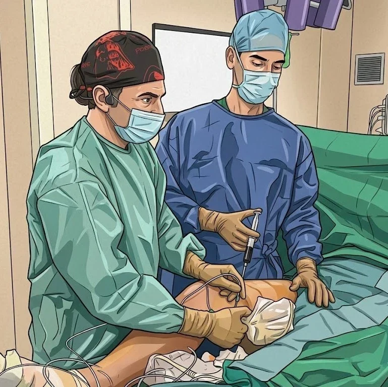 Surgeons performing a procedure on a lower limb — minimally invasive vascular surgery